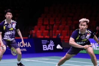 Marcus Fernaldi Gideon/Kevin Sanjaya Sukamuljo a.k.a The Minions berhasil merebut tiket perempat final Thailand Open 2023. Foto: PBSI