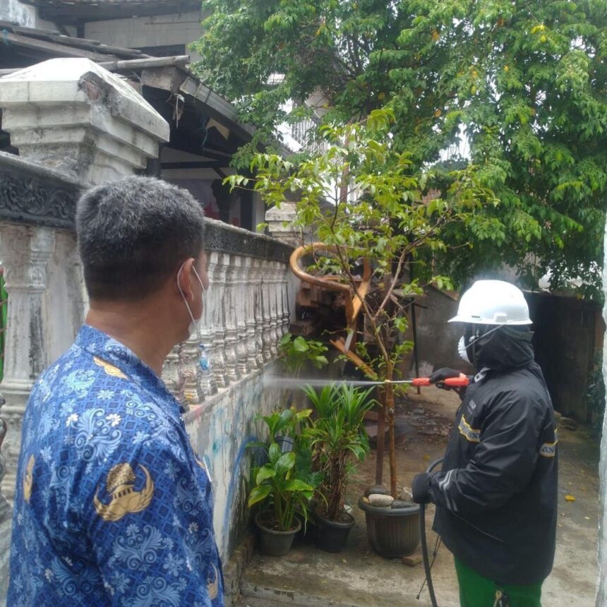 Petugas Pembasmi Organisme Pengganggu Tanaman (POPT) melakukan penyemprotan di rumah warga yang diserang hama ulat bulu di Jalan Dewa, RT 02/RW 02, Kelurahan Ciracas, Kecamatan Ciracas, Jakarta Timur, Selasa (19/9). Foto: Ist