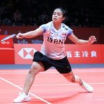 Tunggal putri Gregoria Mariska Tunjung saat berlaga pada ajang BWF World Tour Finals 2023 di Hangzhou Olympic Sports Centre Gymnasium, China, Kamis (14/12). Foto: Humas PP PBSI