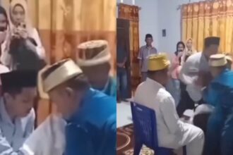 Momen Wali nikah memukul muka mempelai pria akibat emosi. Foto: IG, @memomedsos (tangkap layar)